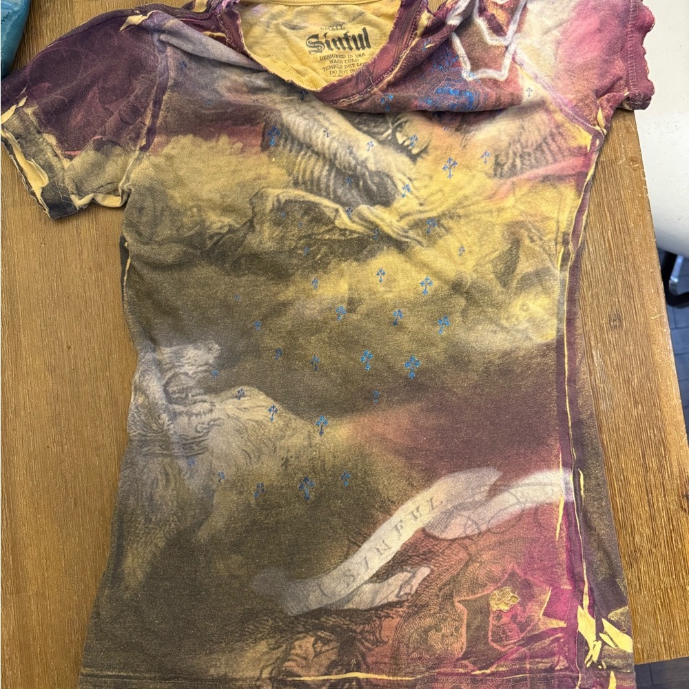 Sinful Yellow and Purple Short Sleeve Tee Vibrant Artistic Design